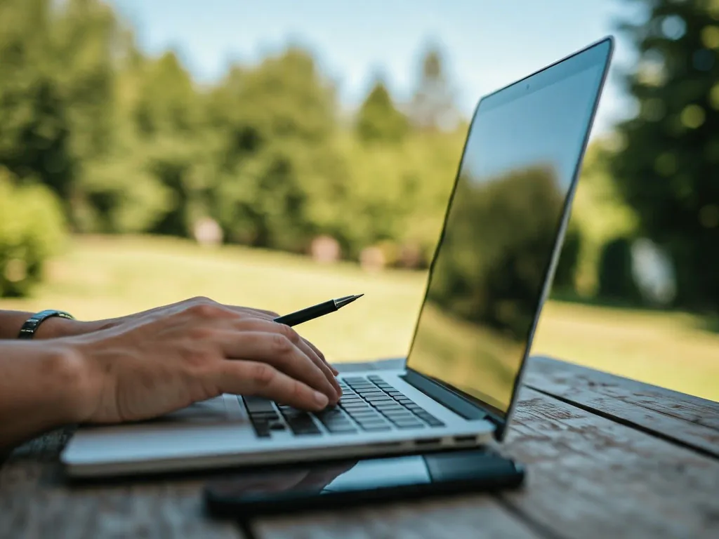 Zelfstandigenwet: zelfstandige werkt aan een laptop in de buitenlucht